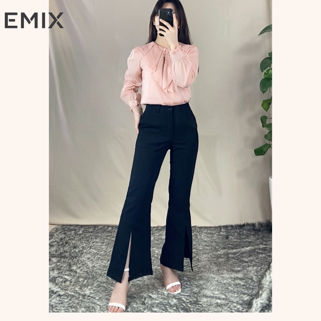 Quần tây nữ công sở ống loe xẻ trước EMIX (màu đen), dáng dài 92cm, cạp cao, khóa giữa, ống loe, chất tuyết mưa 2026