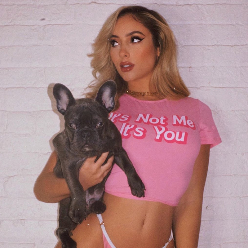 DUNEA Áo Croptop ngắn tay in chữ đơn giản cho nữ