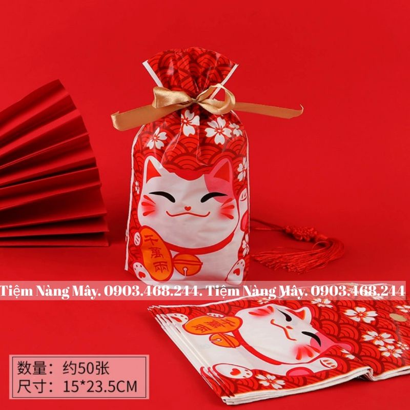 Túi zip mèo thần tài 50 túi size lớn , nhỏ đựng bánh kẹo