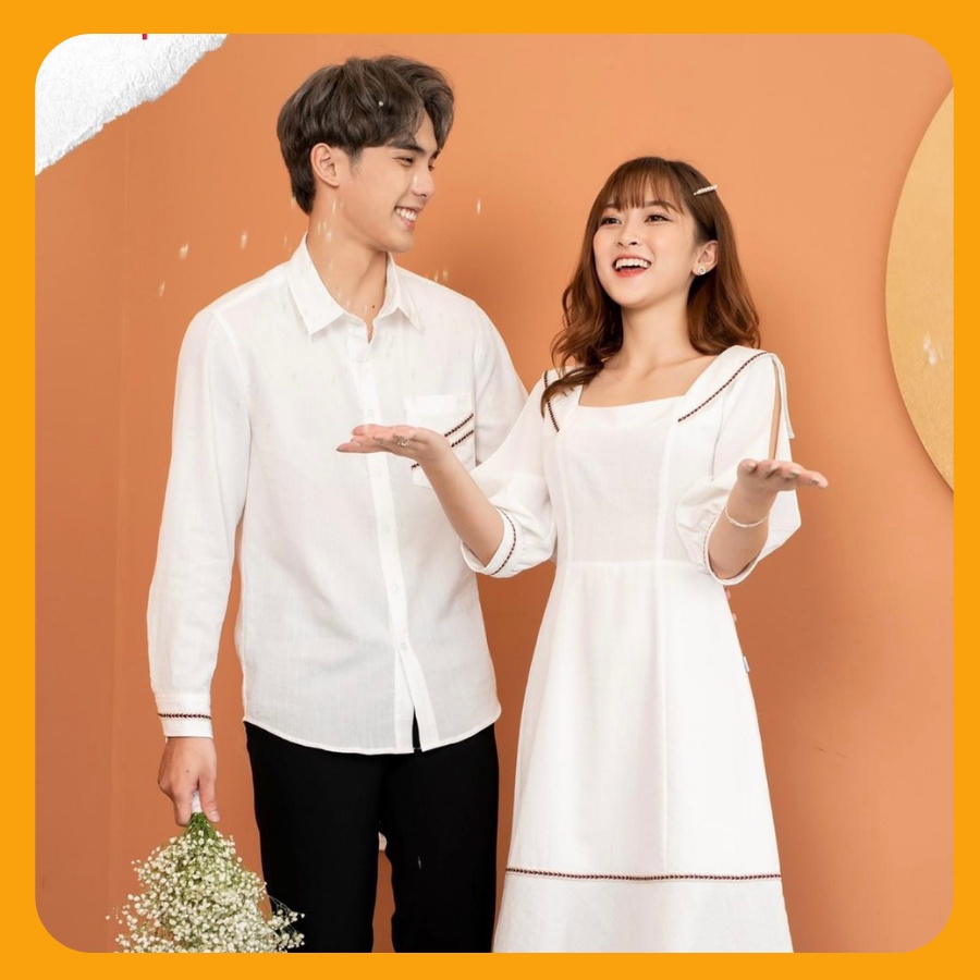 Đồ đôi nam nữ đẹp Set áo váy sơ mi Hàn Quốc dáng dài COUPLE STORE