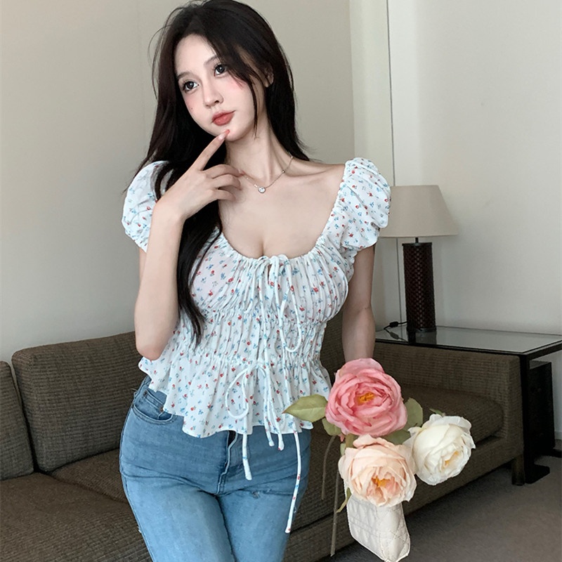 Áo Sơ Mi Tay Ngắn Cổ Vuông In Họa Tiết Hoa Thời Trang Mùa Hè Xinh Xắn Cho Nữ