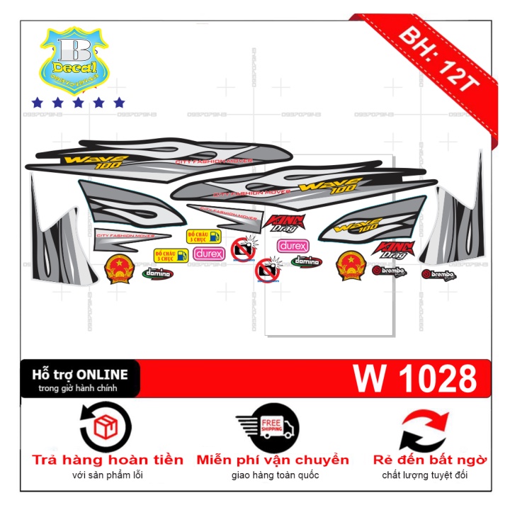 ( Quí khách vui lòng mang ra tiệm cho thợ dán ) Tem wave 100 2016 bạc den