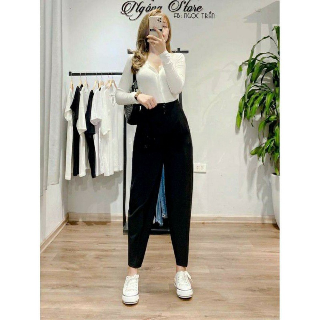 Quần Baggy nữ cạp cao liền dáng công sở phối 2 cúc màu đen chất vải tuyết mưa mềm Quần tây nữ lưng cao đi học mặc đi làm