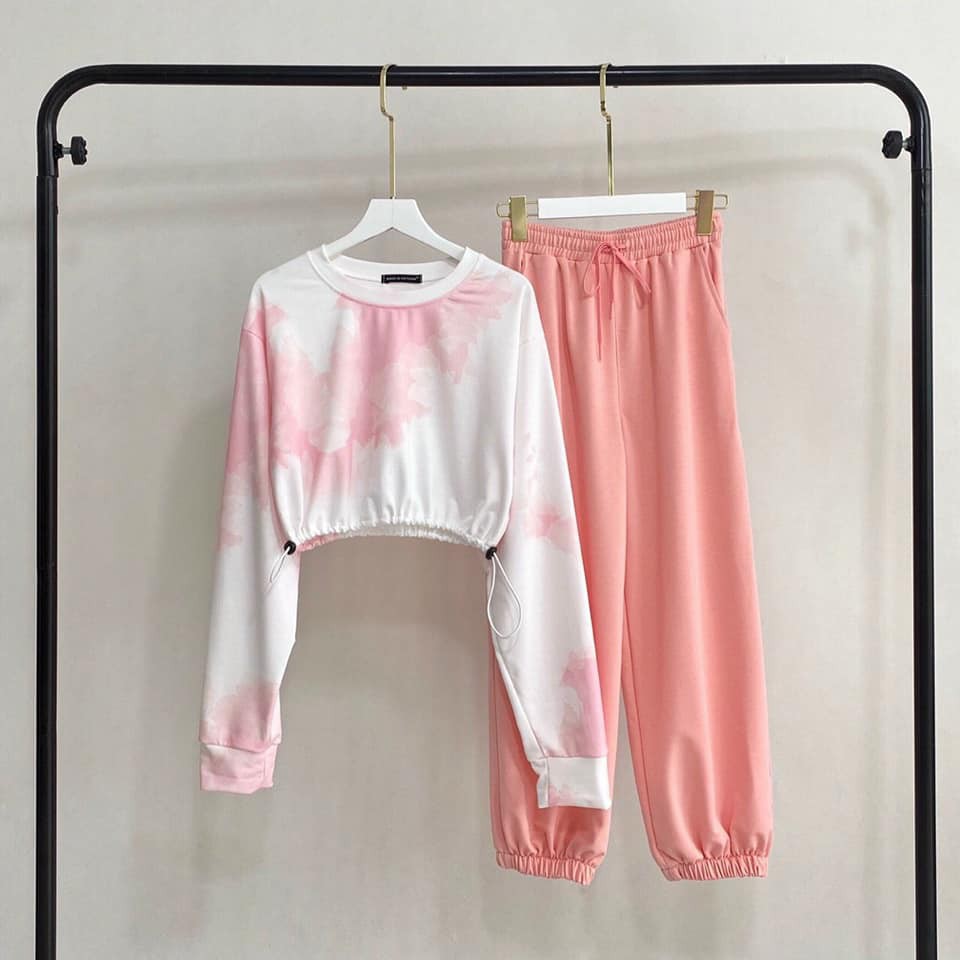 Set trang phục áo croptop tay dài loang màu tie dye + quần dài trơn ống bo basic pant