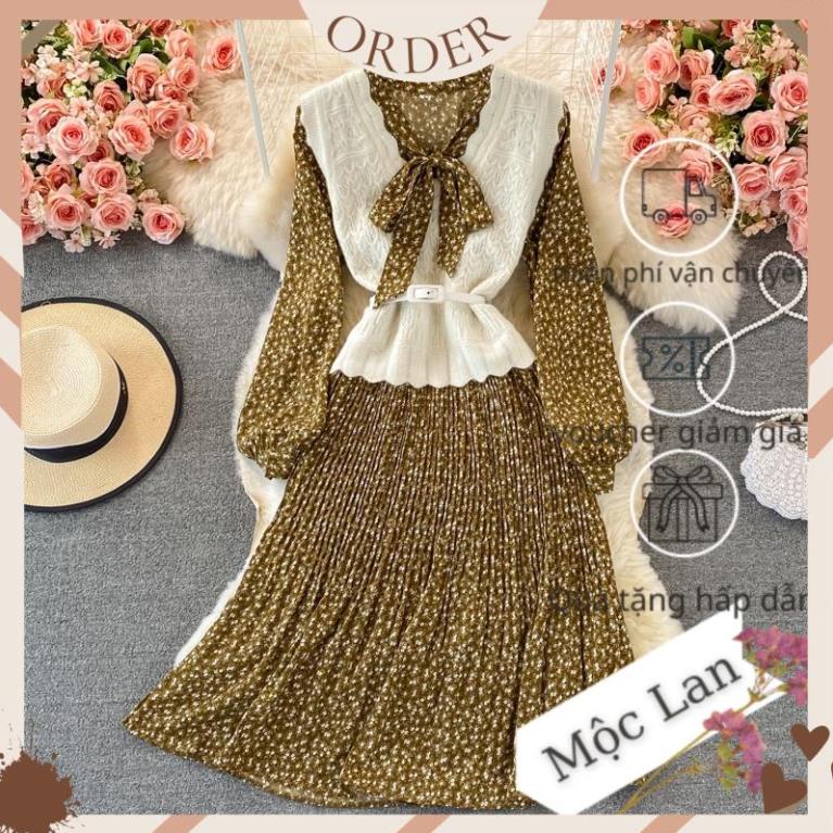 (MộcLan ORDER) Set váy gồm váy chất voan hoa nhí kèm áo gile cổ V kèm dây thắt eo 3 màu