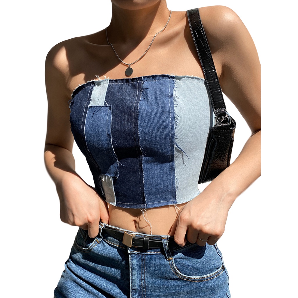 Áo croptop denim thiết kế dây đan chéo lưng thời trang dành cho nữ