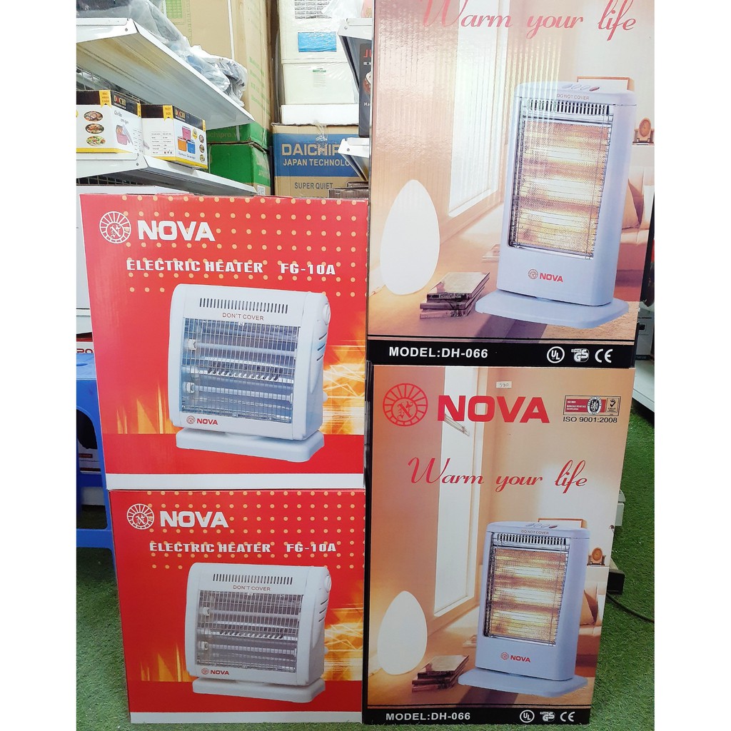 Đèn sưởi Nova FG-10A (2 bóng) và DH-066 (3 bóng), xoay tự động, bóng sưởi halogen, công suất tối đa 1.200W