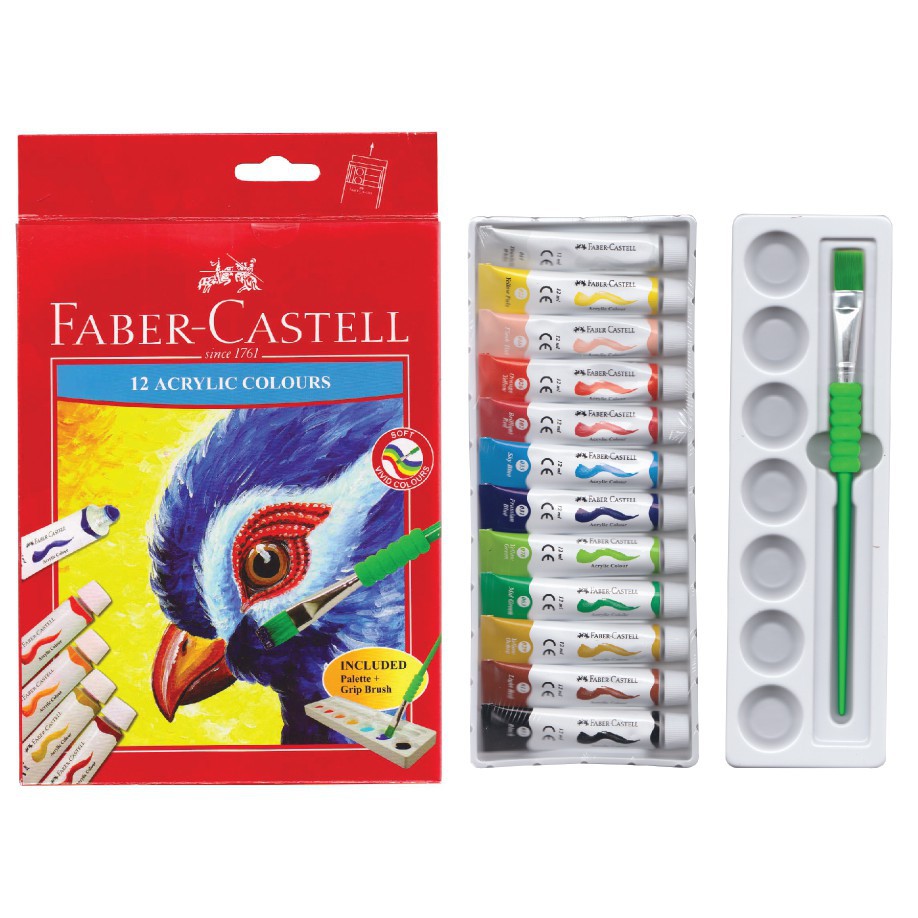 Set 12 Tuýp Màu Acrylic Faber-Castell + Kèm Cọ &amp; Khay Pha Màu