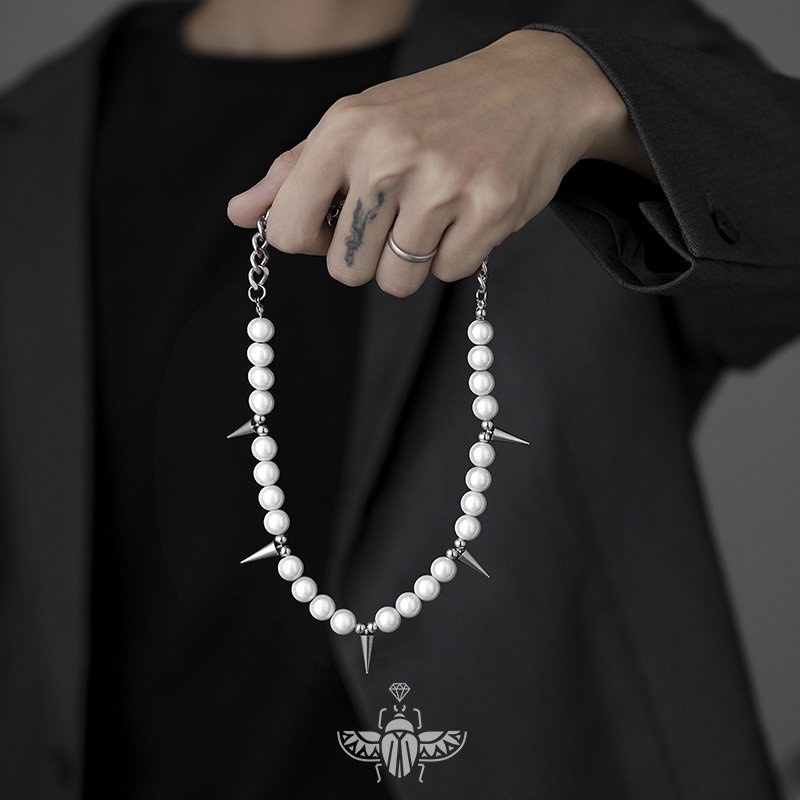 Vòng cổ Thép Titan Đính Hạt Ngọc Trai Phản Quang Phong Cách Hip hop Âu Mỹ 100 Phù Hợp Cho Nam Và Nữ