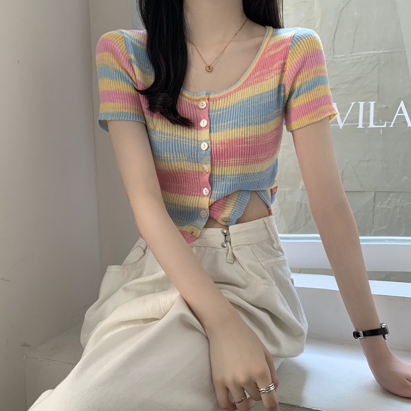 【ZHELIHANGFEI】Áo Cardigan Dệt Kim Tay Ngắn Dáng Ôm Kẻ Sọc Quyến Rũ Trẻ Trung