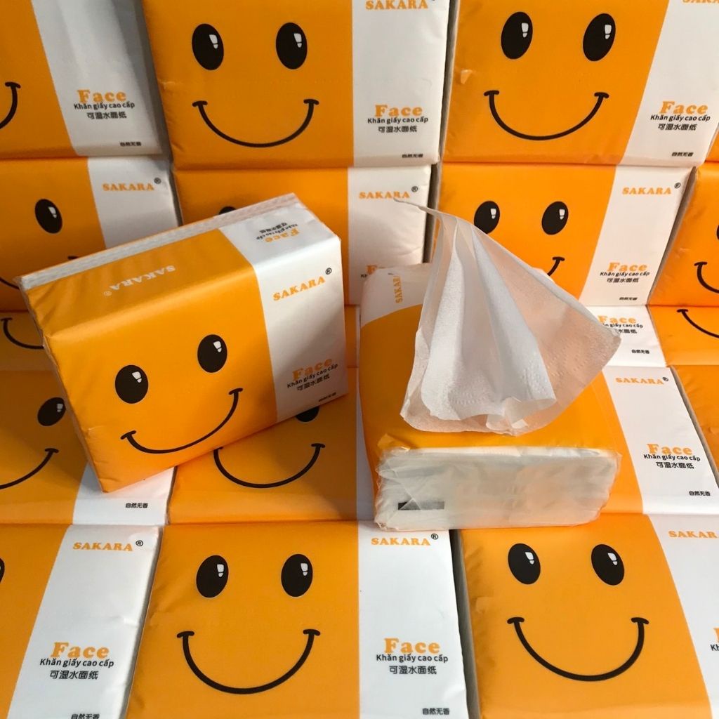 Giấy ăn mặt cười SAKARA, giấy gấu trúc thùng 30 gói, bốn lớp, mềm, mịn, dai, hàng công ty VC18
