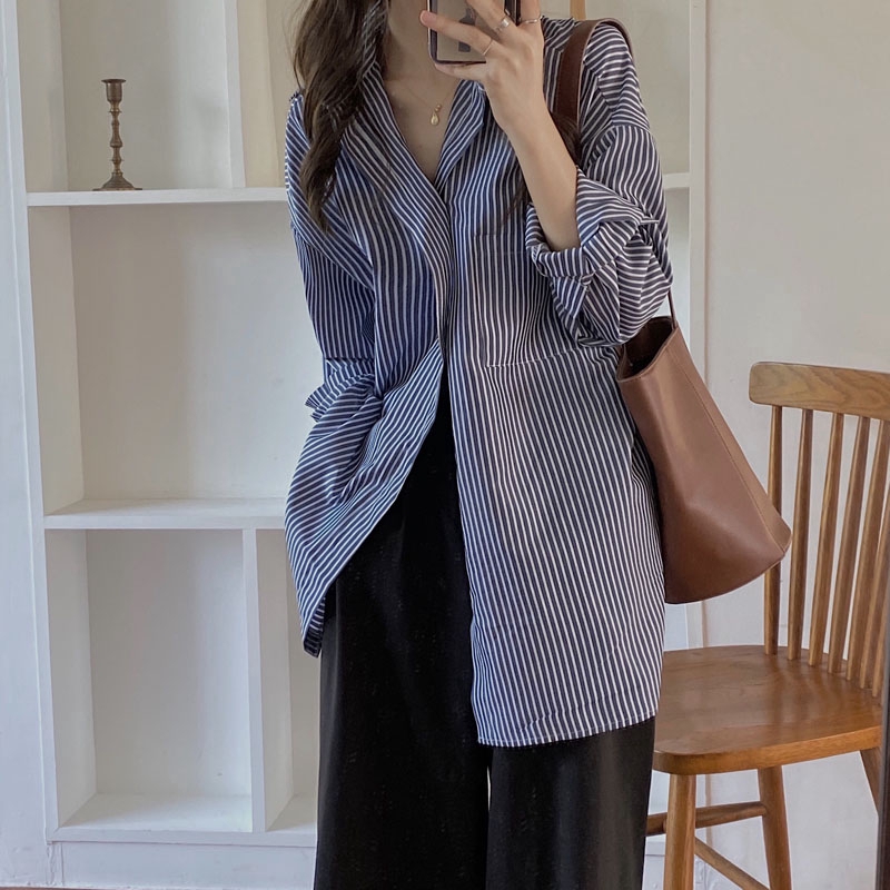 SUXI Áo Sơ Mi Nữ Tay Dài Dáng Rộng Kẻ Sọc Phong Cách Hàn Quốc