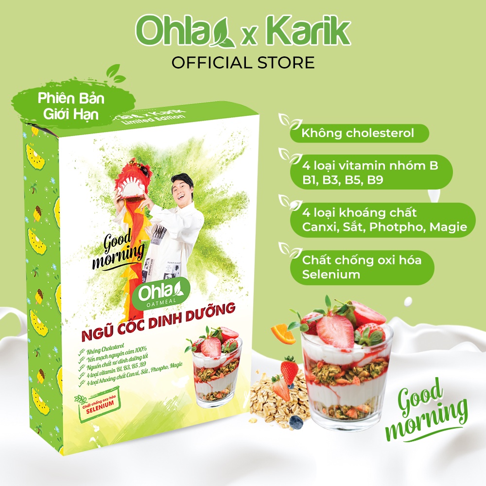 Ngũ cốc dinh dưỡng ăn sáng Oatmeal Karik x Ohla yến mạch, hạnh nhân, trái cây sấy dẻo 60g và 180g