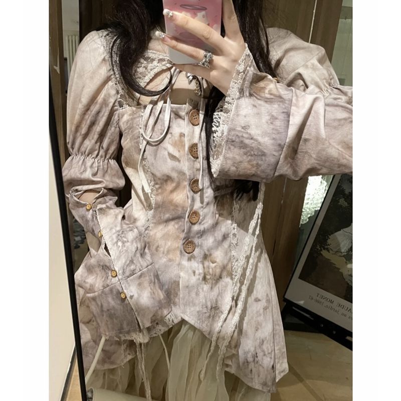 Bán Chạy!F &amp; X Set Áo Sơ Mi Cột Dây Tay Phồng + Chân Váy Lưng Cao Màu Nhuộm Thời Trang Mùa Hè Cho Nữ