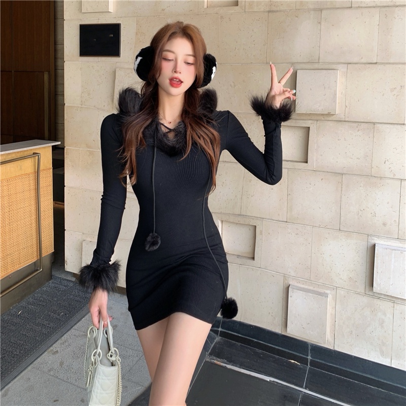 SẴN TRẮNG Đầm tay dài body bó sát tôn dáng len ôm khâu cổ lông dây bông có nón mũ trùm đâu đông noel ulzzang màu