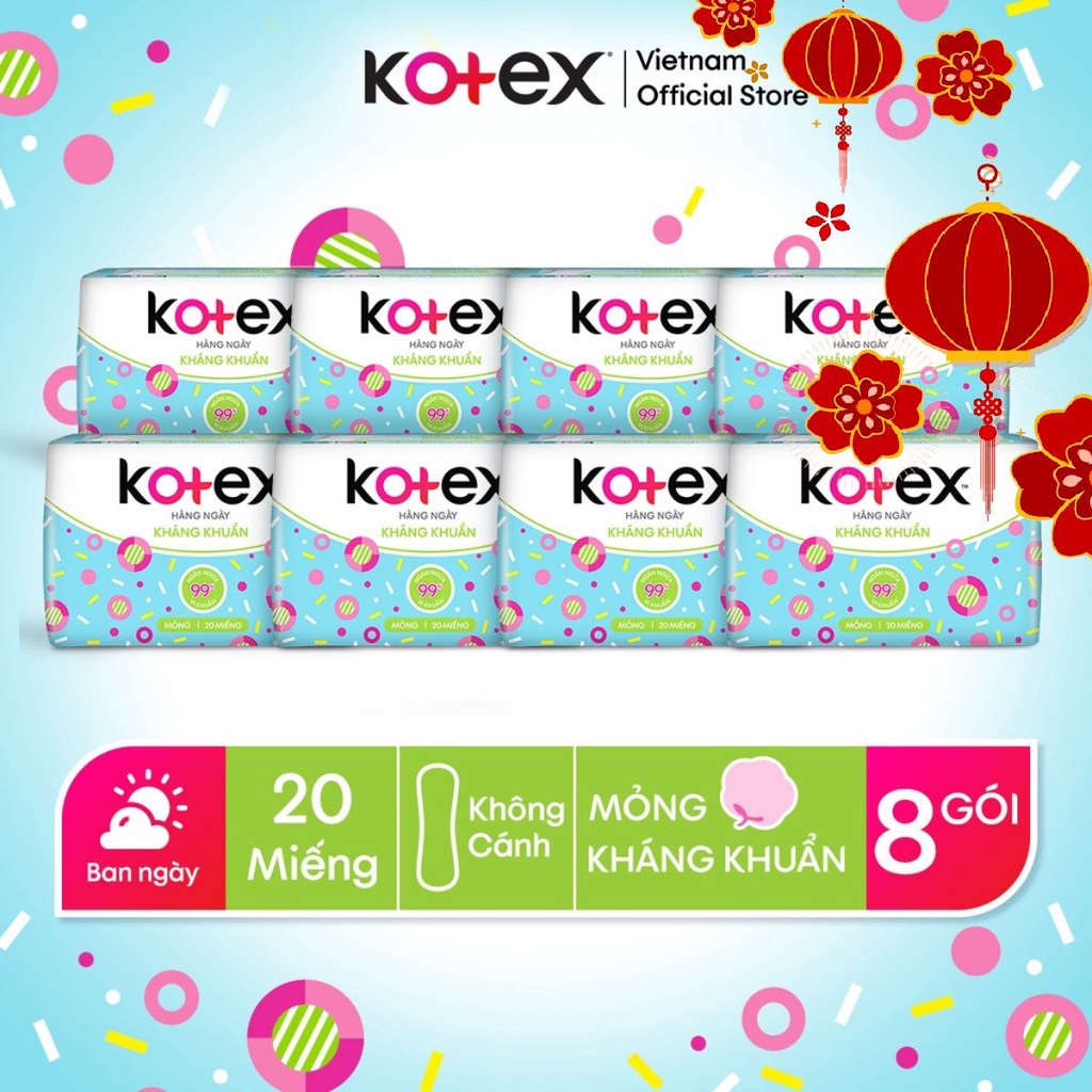 Combo 8 băng vệ sinh Kotex Hằng ngày Kháng khuẩn 20miếng/gói