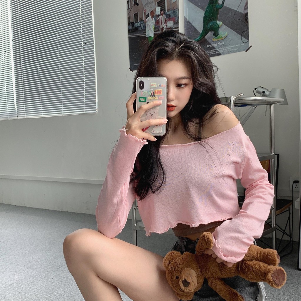 (QC L1) SET ÁO CROPTOP LEN GIẤY DÀI TAY CHỈ NỔI HỒNG TÍM TRẮNG + ÁO DÂY ĐEN ULZZANG - ÁO LEN GẠO LỆCH VAI BASIC | BigBuy360 - bigbuy360.vn