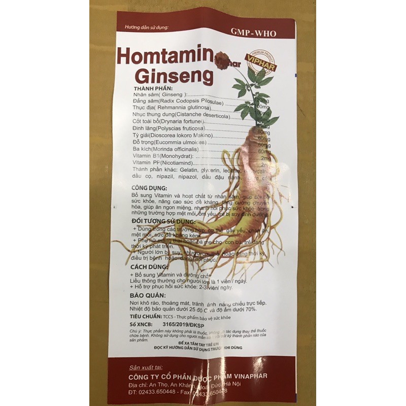 HOMTAMIN GINSENG Vinaphar -Hộp 60 Viên - Bồi Bổ Sức Khỏe Với Vitamin Và Khoáng Chất Từ Nhân Sâm