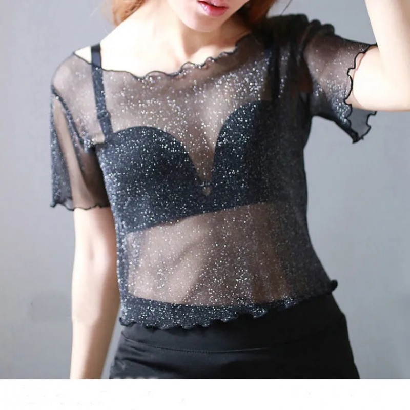 Áo Ống Vải Lưới Tay Ngắn Lấp Lánh Thời Trang Mùa Hè Cho Nữ Áo Croptop Chạy Viền