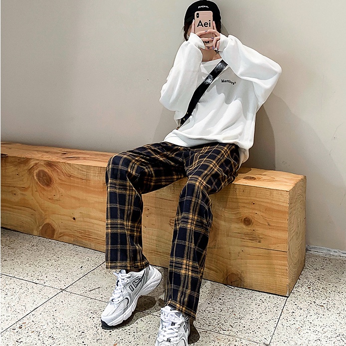 Quần dài SUXI lưng cao ống rộng kẻ sọc caro phong cách Hàn Quốc