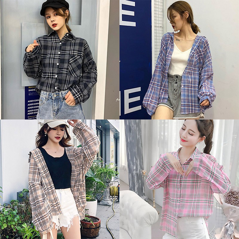 Áo sơ mi caro tay dài phong cách Hàn Quốc cho nữ