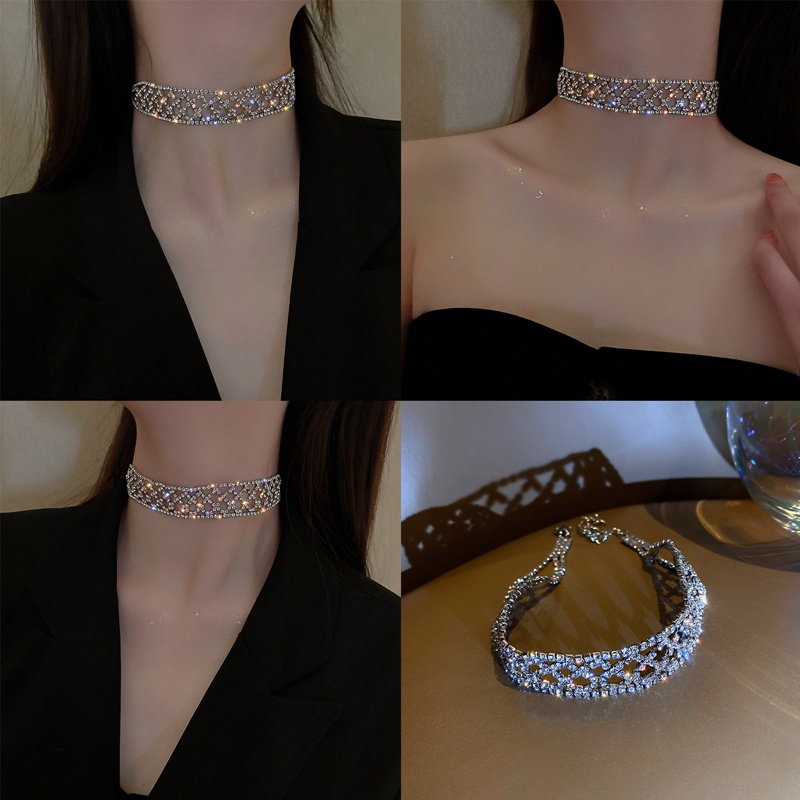 Vòng Cổ Choker Thiết Kế Dạng Lưới Mắt Xích Đính Đá Thời Trang Cho Nữ