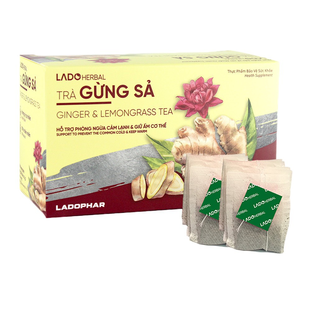 Hộp 20 túi trà gừng sả Ladophar phòng ngừa cảm lạnh & giữ ấm cơ thể (Vàng - Đỏ)