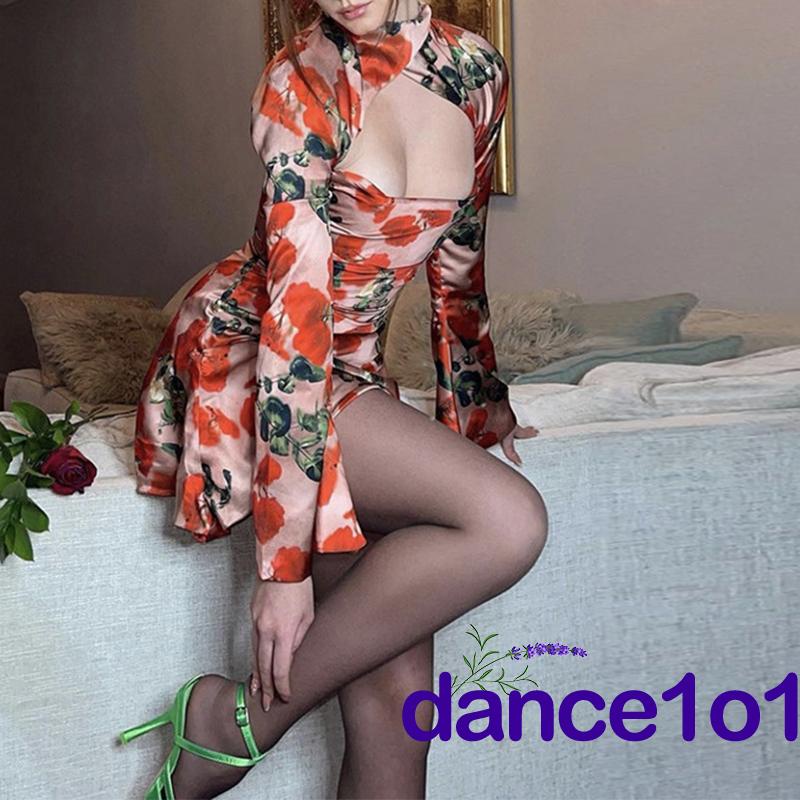 ☽Vh❥Đầm Body Tay Loe Hoạ Tiết Hoa Thiết Kế Khoét Quyến Rũ