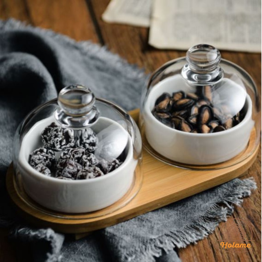 Khay tre đựng mứt tết, bánh kẹo, hoa quả - gồm hũ sứ - chụp thủy tinh sang trọng – set 1, 2, 3 hũ - phong cách Nhật Bản