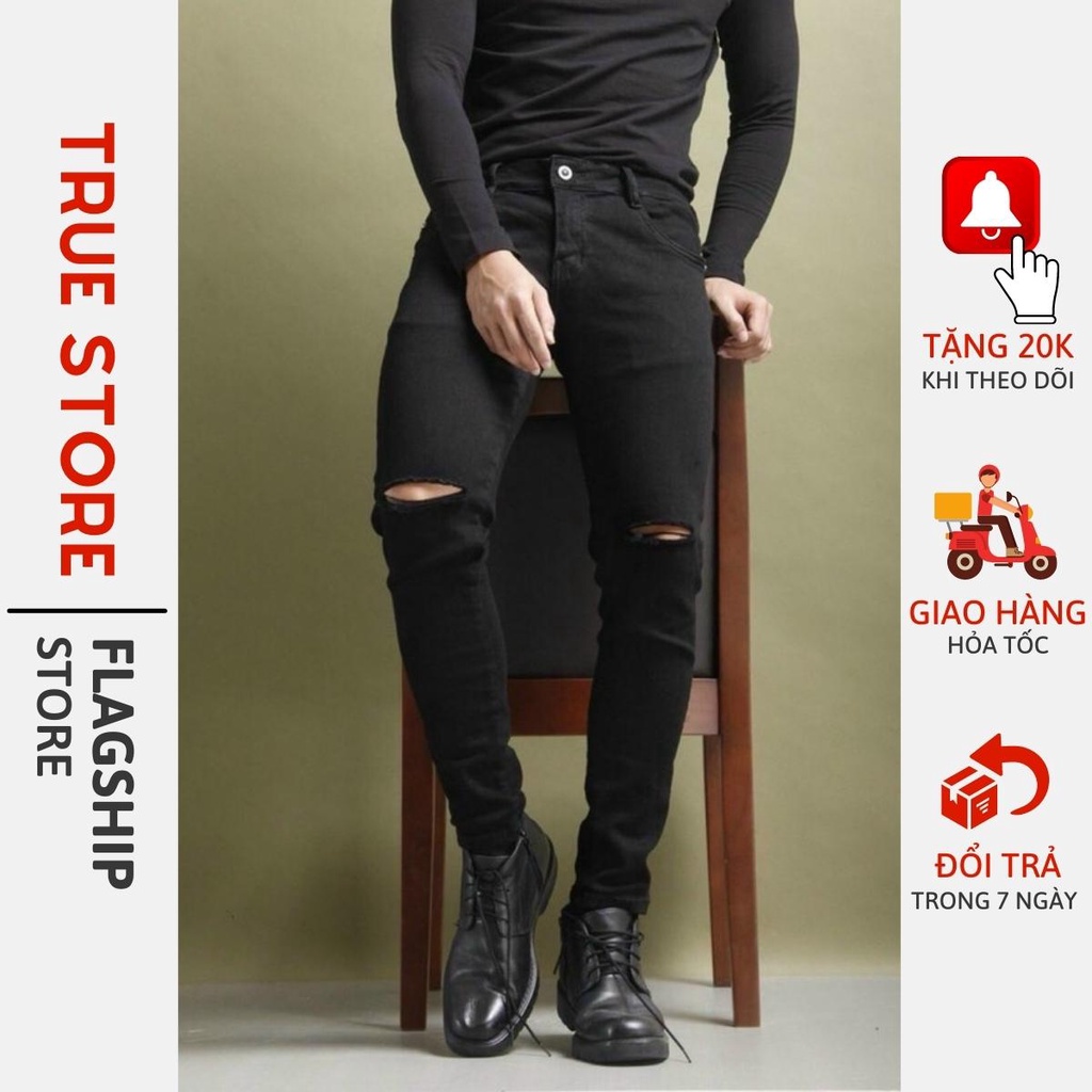 Quần jean nam đen trơn rách gối, co giãn tốt, quần bò classic, True Store, QJ015