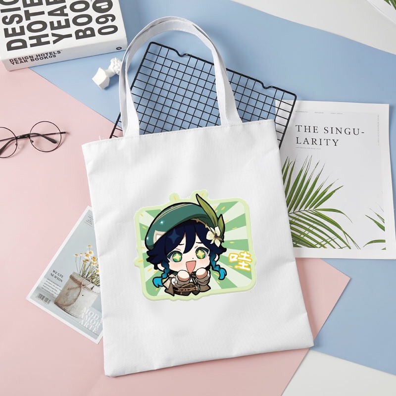 Túi tote vải trắng đeo vai in hình nhân vật GENSHIN IMPACT tiện lợi thời trang anime chibi M2