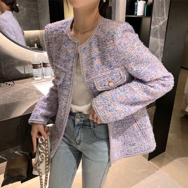 Áo khoác dạ tweed tím/hồng cổ tròn dáng ngắn