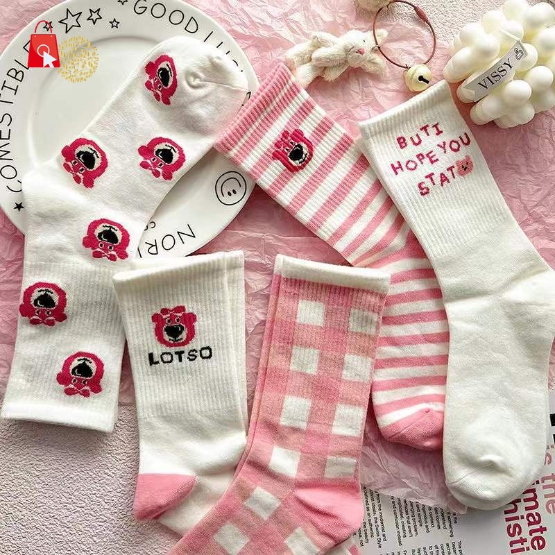 Vớ cotton Kẻ Sọc Trắng Đen Hình Gấu JP1