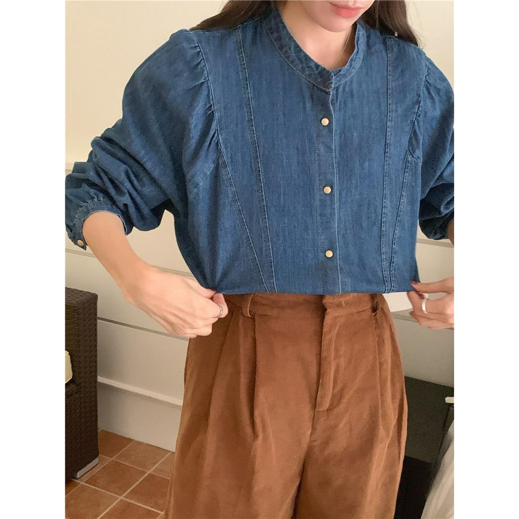 Áo Sơ Mi denim Tay Dài Cổ Đứng Phối Nút Kim Loại Phong Cách retro 67785