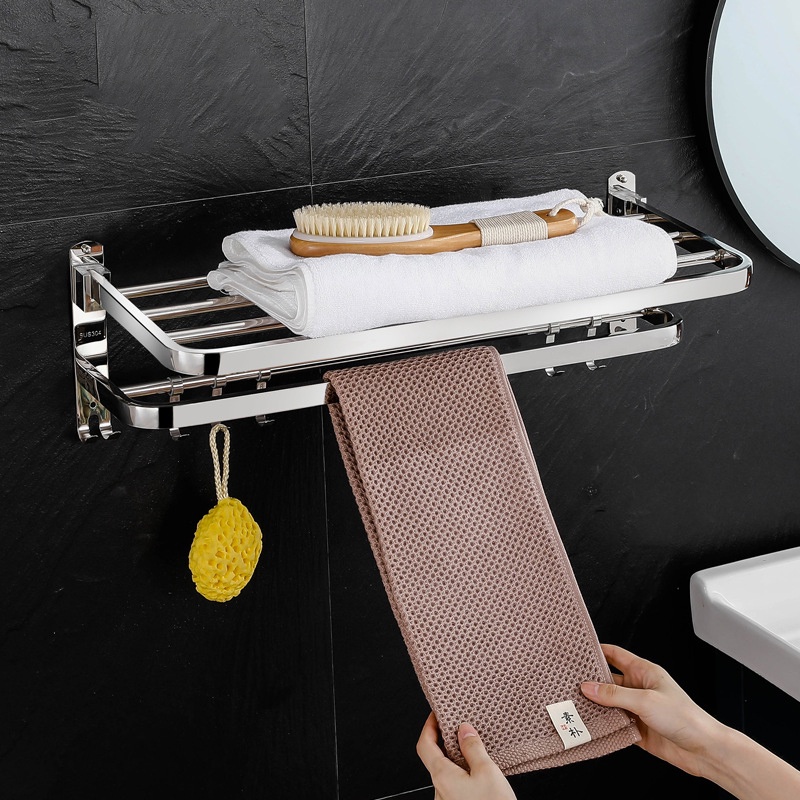Kệ treo khăn phòng tắm 2 tầng, Giá để đồ phòng tắm thông minh gấp gọn Inox 304 cao cấp