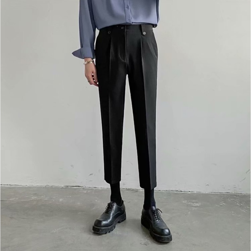 Quần tây vải lụa lạnh mỏng plus size dáng rộng ống đứng phong cách Hàn Quốc cho nam