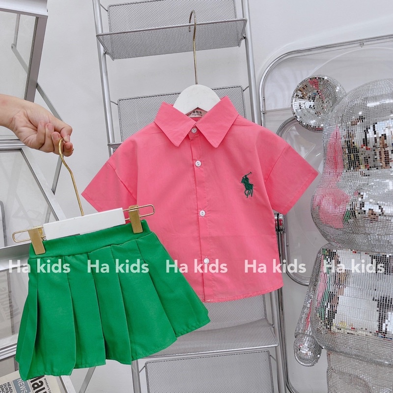 Set áo polo hồng cv xanh xếp ly bé gái