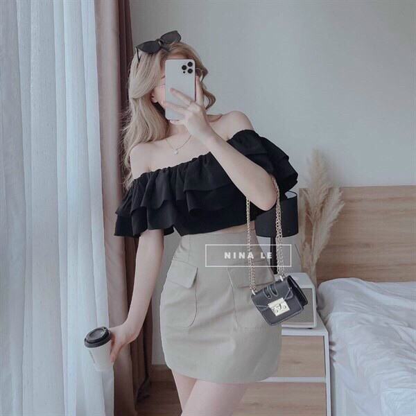 Váy dự tiệc cưới, set chân váy ôm body áo trễ vai tay phồng xếp tầng phong cách cá tính, sang chảnh
