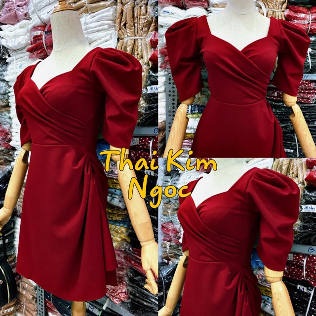 Đầm xoè cổ đắp chéo tay phồng 2 màu | BigBuy360 - bigbuy360.vn