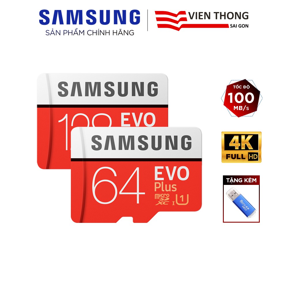 Thẻ nhớ microSD Samsung Evo Plus 32GB / 64GB / 128GB tốc độ upto 100MB/s kèm Adapter (Bảo hành 10 năm) + Đầu đọc thẻ | WebRaoVat - webraovat.net.vn