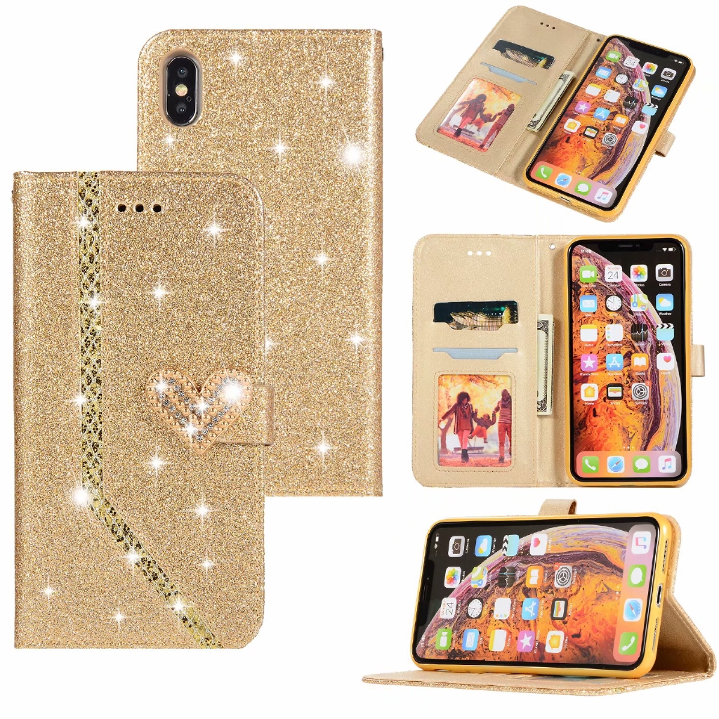 Bao da điện thoại kiểu ví gập đính kim cương lấp lánh sang trọng cho iPhone 11 Pro Max Xs Max 7 8 6 6S Plus