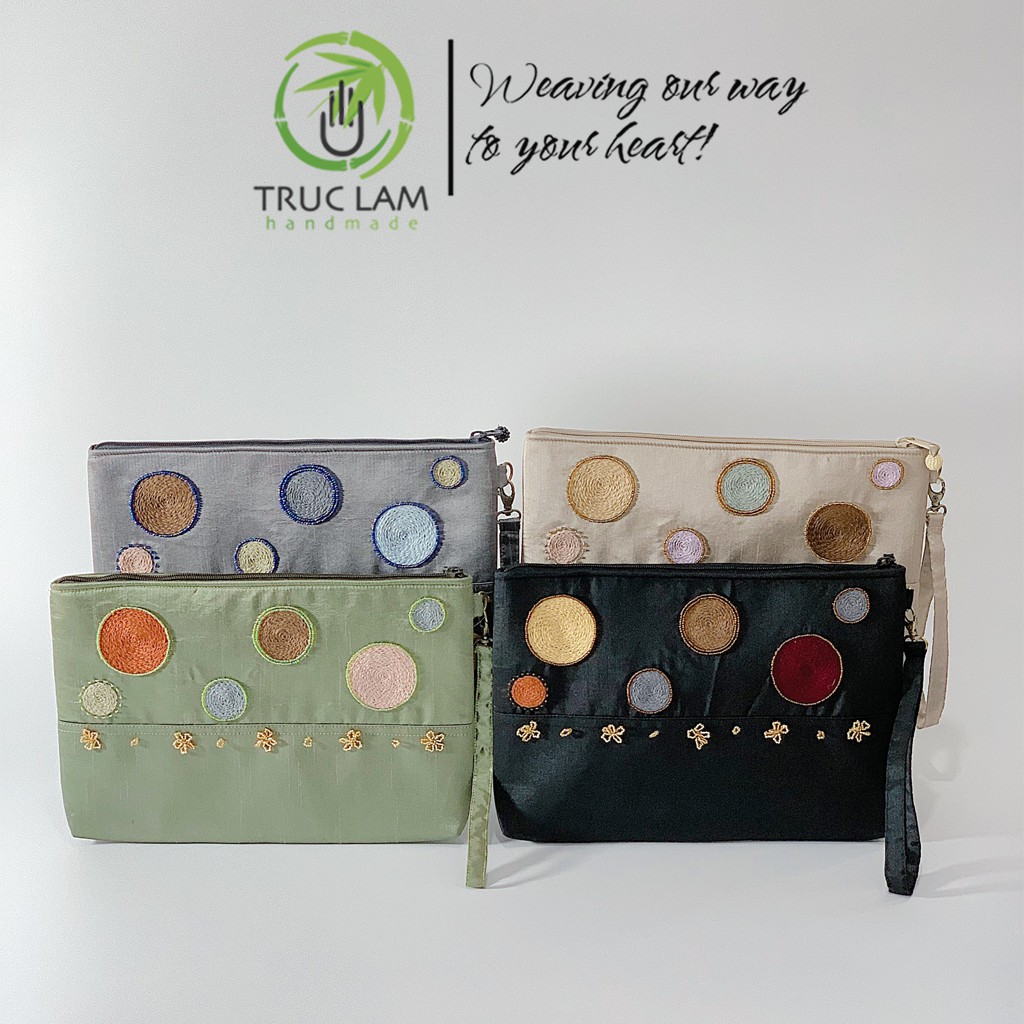 Ví Cầm Tay Đựng Ipad Clutch Vải Tafta Thêu Vòng Tròn Hạt Cườm Thủ Công Cỡ Lớn - Trúc Lâm Handmade