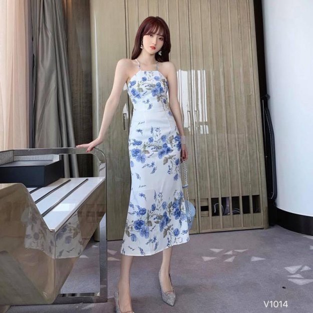 VÁY YẾM LỤA HOA XANH THẺ TRUNG (V1014)