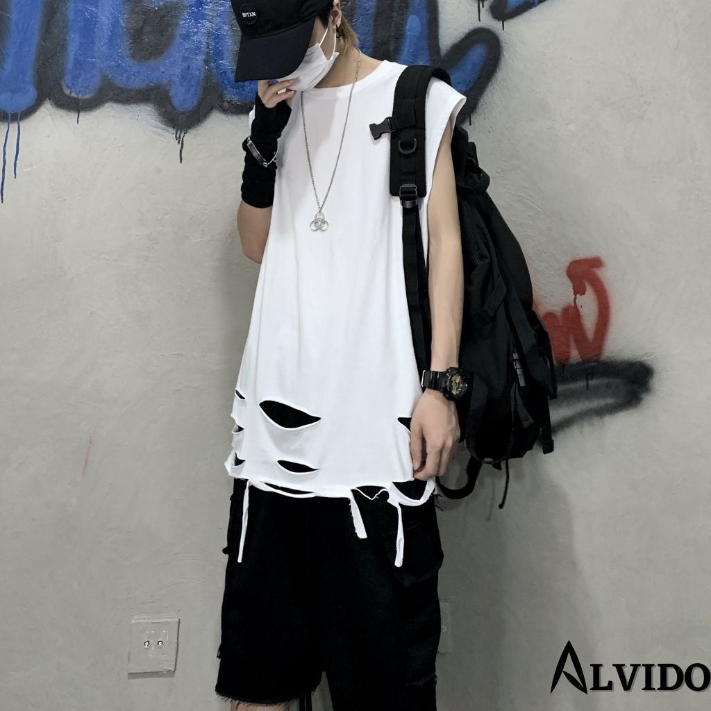 Áo ba lỗ nam ALVIDO Áo thun nam 3 lỗ TankTop rách gấu form rộng co giãn mùa hè