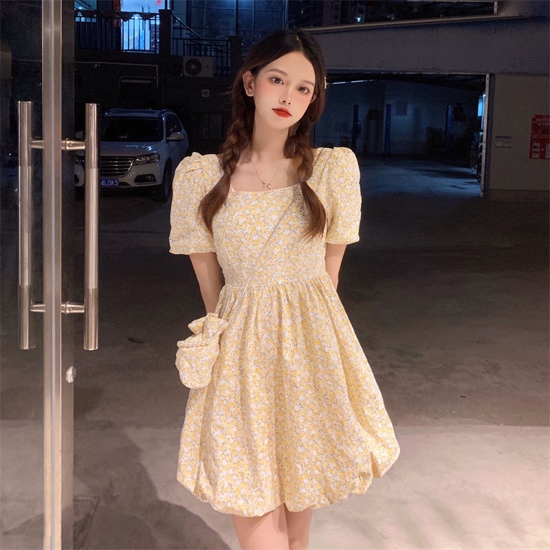 Đầm Hoa Tay Phồng Cổ Vuông Thời Trang Mùa Hè Phong Cách Mới Ngọt Ngào Dễ Thương Cho Nữ