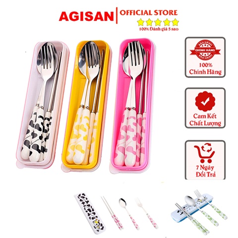 Bộ đũa thìa dĩa cá nhân cán sứ có hộp đựng bò sữa ngộ nghĩnh