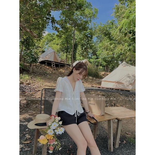 MIE MIN Mie Tops tafta thắt nơ