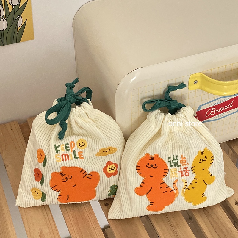 Túi dây rút đựng tiền xu làm từ vải nhung họa tiết chú hổ dễ thương