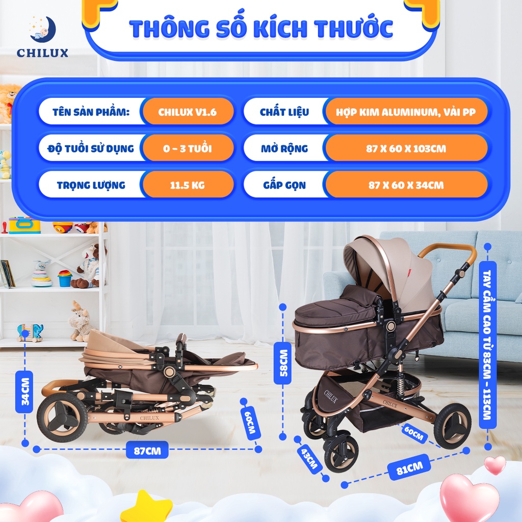 [Mã MKBCHI5 giảm 10% đơn 600K] Xe đẩy cho bé Chilux V1.6 - 9 tính năng tiện dụng cho mẹ và bé - có thể gấp gọn