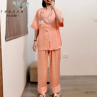 Bộ Pyjama bigsize màu cam hồng cộc dài mặc nhà chất lụa xước vân gỗ Tô Châu ko nhăn giá rẻ dành cho nữ, mẹ bầu 60 - 90kg